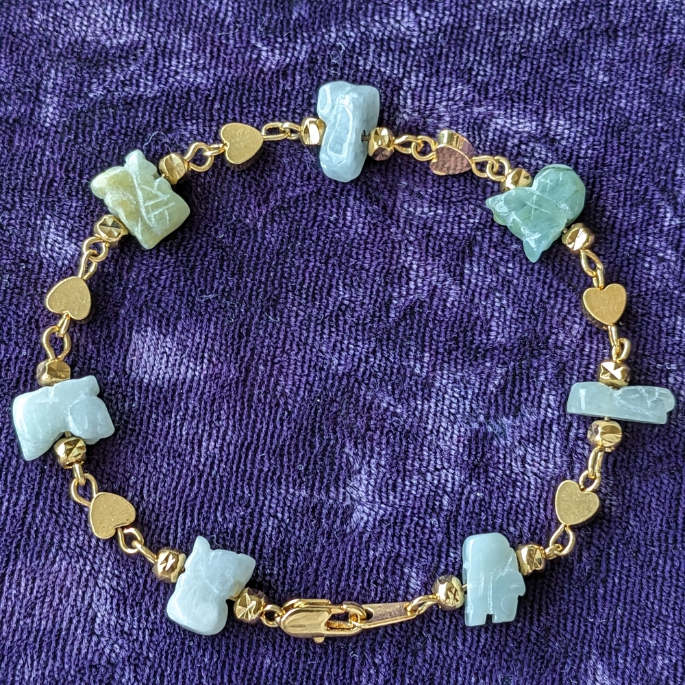 14K Gold Plated Link Bracelet With Hand Carved Natural Blue - Green Jadeite Jade